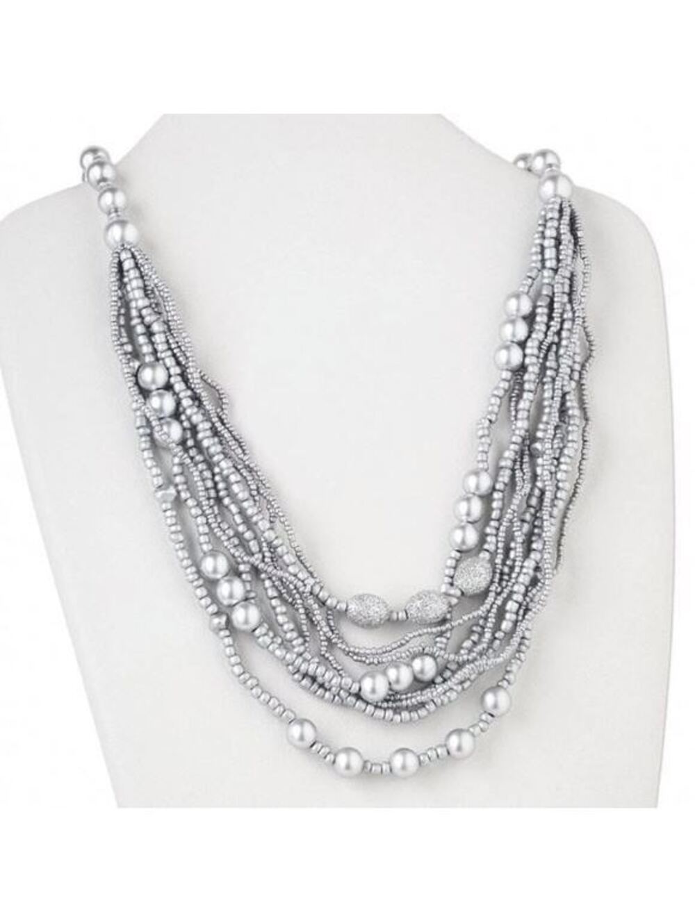 Metallic Silver Wood Bead Necklace
